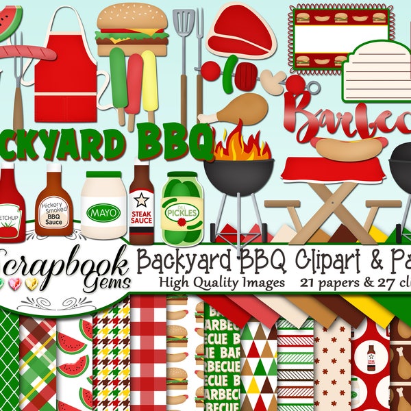 BACKYARD BBQ Clipart & Papers Kit, 28 png Clip arts, 21 jpeg Papers Instant Download grill fire hamburger hotdog chicken steak watermelon