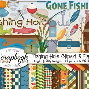 FISHING HOLE Clipart & Papers Kit, 26 png Clip Arts, 22 jpeg Papiere Instant Download Fisch Köder Raft Kanu Boot Ruder Paddel Wurm Netzpfahl
