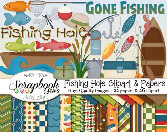 FISHING HOLE Clipart & Papers Kit, 26 Png Clip Arts, 22 Jpeg Papers Instant  Download Fish Lures Raft Canoe Boat Oar Paddle Worm Net Pole 