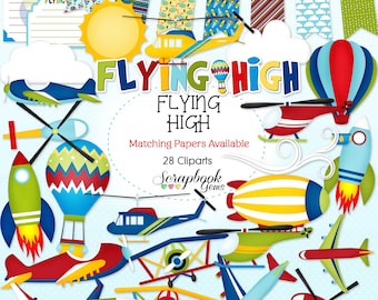 FLYING HIGH Clipart, 28 png Clipart-bestanden Instant Download helikopter vliegtuig vliegtuig raket jet heteluchtballon vlieg ruimtevaart wolken zon