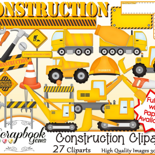 CONSTRUCTION Clipart, 27 png Clipart files Instant Download tractor dumptruck backhoe cement truck roadwork tools hammer screwdriver wrench
