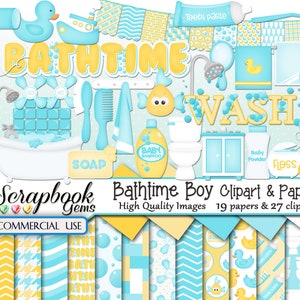 BATHTIME BOY Clipart & Papers Kit, 27 png Clipart files, 19 jpeg Paper files, Instant Download, asciugamano, bagno, vasca, lavandino, WC, bambino
