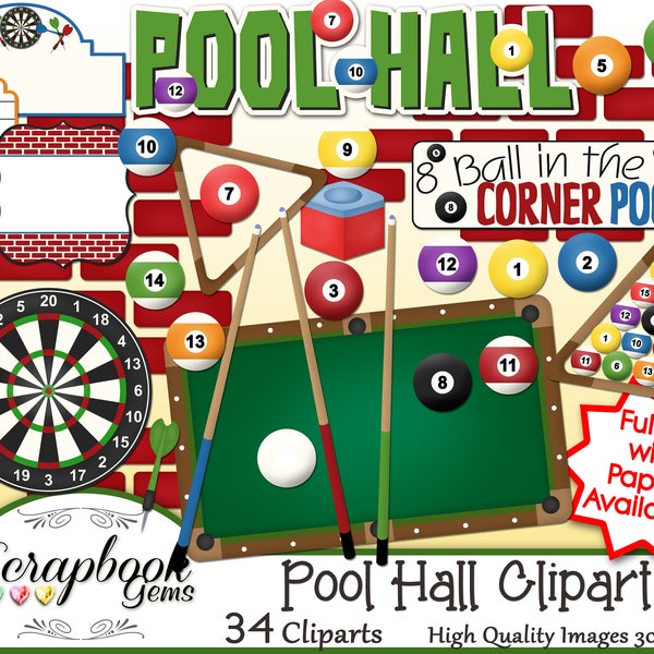 POOL HALL Clipart, 34 png Clipart files Instant Download billiards dart board dartboard darts triangle pool table stick bricks brick wall