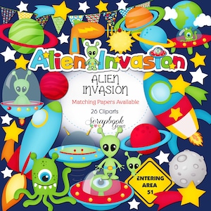 ALIEN INVASION Clipart, 26 fichiers png, téléchargement immédiat, planètes, système solaire, ovni, martien, soucoupe volante, fusée, lune, étoiles