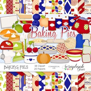 Kit de clipart e papéis para tortas assadas, 38 png Clip Arts, 20 jpeg Papers Download instantâneo abóbora cozinha açúcar farinha avental de cozinha torta de cereja