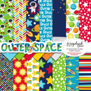 BUITENRUIMTE Digitaal papier, 20 stuks, 12 x 12 inch, jpeg-bestanden van hoge kwaliteit, direct downloaden, astronaut, vliegende schotel, ruimte, planeten, ster, maan