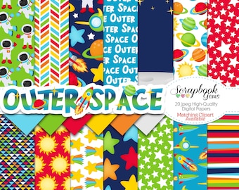 OUTER SPACE Digital Papers, 20 Pieces, 12" x 12", High Quality JPEGs, Instant Download, astronaut, flying saucer, space, planets, star, moon