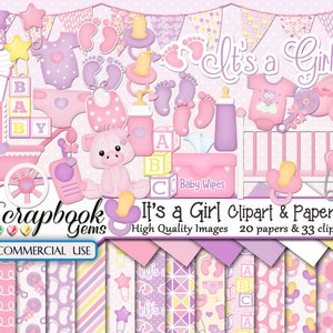 IT'S ein GIRL Clipart & Papiere Kit, 33 Png Clipart Dateien, 20 JPEG Papierdateien, Instant Download, Baby-Mädchen-Baby-Dusche, Rassel, Krippe, Schnuller