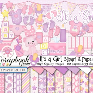 May include: A digital scrapbook paper and clipart set for baby showers. The set includes 20 papers and 33 clipart images. The images are pink, purple, and yellow and feature baby items like a crib, a stroller, and a pacifier. The text "It's a Girl" is featured in the image.
