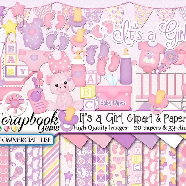 IT'S A GIRL Clipart & Papers Kit, 33 png Clipart files, 20 jpeg Paper files, Instant Download, baby girl baby shower, rattle, crib, pacifier