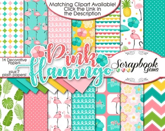 PINK FLAMINGO Digital Papers, 21 Pieces, 12" x 12", High Quality JPEGs Instant Download island umbrella tropical pineapple hibiscus drinks