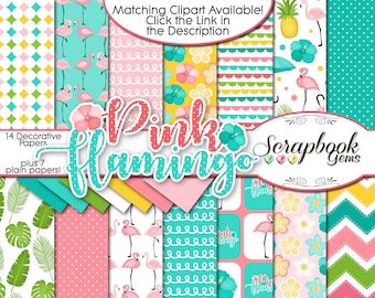 PINK FLAMINGO Digital Papers, 21 Pieces, 12" x 12", High Quality JPEGs Instant Download island umbrella tropical pineapple hibiscus drinks