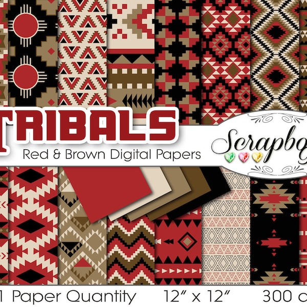 Aztec Red & Brown Digital Papers, 21 Pieces, 12" x 12", High Quality JPEG files, Instant Download Commercial Use Scrapbook tribal indian