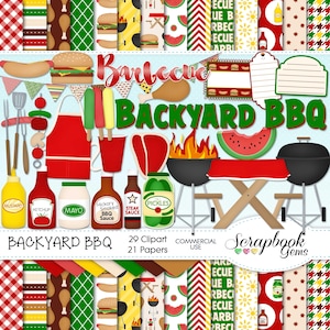 BACKYARD BBQ Clipart & Papers Kit, 29 PNG Clip art, 21 jpeg Papers Download immediato grill fuoco hamburger hotdog pollo bistecca anguria