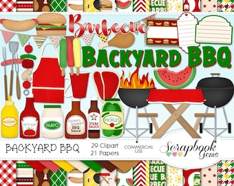 BACKYARD BBQ Clipart & Papers Kit, 29 png Clip arts, 21 jpeg Papers Instant Download grill fire hamburger hotdog chicken steak watermelon