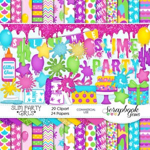 SLIME PARTY (meisje) Clipart & Papers Kit, 29 png-clipartbestanden, 24 jpeg-papierbestanden, Instant Download, verjaardag, kleverig, glitter, grossology