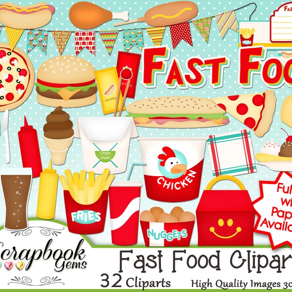 FAST FOOD Clipart, 32 png Clipart files Instant Download sub sandwich hamburger french fries fry corn hot dog taco ice cream chicken nugget