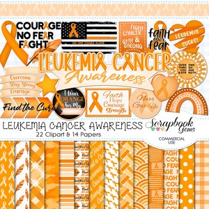 Puede incluir: Un kit de scrapbooking digital con diseños naranja y blanco para la concienciación sobre la leucemia y el cáncer. El kit incluye 22 imágenes de clipart y 14 papeles con varios patrones, incluyendo cintas, estrellas y texto. El texto incluye frases como "Courage No Fear Fight", "Faith Hope Courage Strength", y "Leukemia Sucks!"