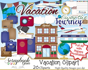 VACATION Clipart, 26 png Clipart files Instant Download airplane travel suitcase cruise ship journey globe map hotel motel passport ticket