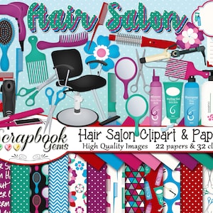 May include: A digital scrapbook paper and clipart set with a hair salon theme. The set includes 22 papers and 32 clipart images. The clipart includes a variety of hair salon tools and products, such as scissors, combs, hair dryers, curling irons, hairspray, shampoo, and conditioner. The papers feature a variety of patterns, including polka dots, stripes, and chevron.
