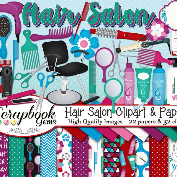 HAIR SALON Clipart and Papers Kit, 32 png Clip Arts, 22 jpeg Papers Instant Download scissors comb brush shampoo barber clippers razor pick
