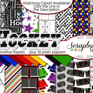 HOCKEY Digital Papers, 24 Pieces, 12" x 12", High Quality JPEGs Instant Download goal hockey net puck hockey stick ice rink hockey mask