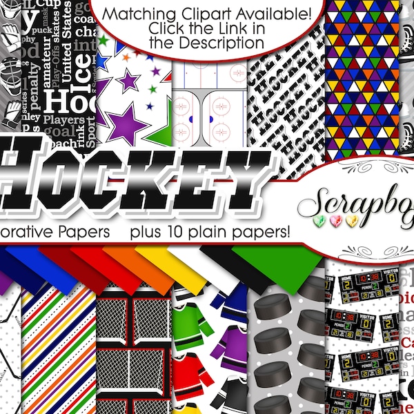 HOCKEY Digital Papers, 24 Pieces, 12" x 12", High Quality JPEGs Instant Download goal hockey net puck hockey stick ice rink hockey mask