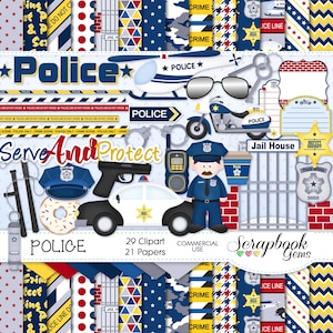 POLITIE Clipart and Papers Kit, 29 png Clip arts, 21 jpeg Papers Instant Download cop blauw grijs zilver pistool schild badge sheriff ster officier