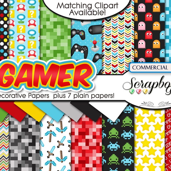 GAMER Digital Papers, 21 Pieces, 12" x 12", High Quality JPEGs Instant Download Commercial Scrapbook arcade, video game, pixel, computer