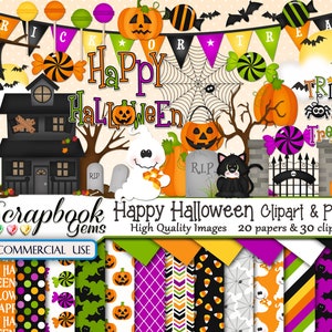 HAPPY HALLOWEEN Clipart & Papers Kit, 30 png Clipart files, 20 jpeg Paper files, Instant Download, ghost, pumpkin, haunted house, halloween