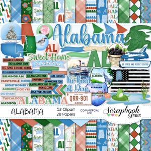 ALABAMA Clipart et kit de papiers, 52 cliparts png, 20 papiers jpeg téléchargement immédiat États-Unis, dans le sud, alligator, voyage en Alabama, États-Unis