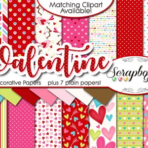 May include: A set of 14 Valentine's Day digital scrapbook papers featuring various patterns with hearts, arrows, and polka dots in red, pink, white, green, and blue. The text "Valentine Scrapbook Gems" is included in the image.