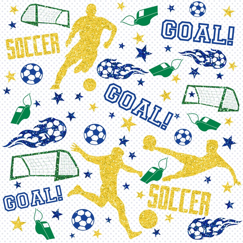 May include: A white background with a repeating pattern of soccer-themed images. The images include soccer players, soccer balls, soccer nets, whistles, stars, and the words "soccer" and "goal!" in blue and gold glitter.