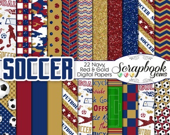 SOCCER Futbol Digital Papers Red, Blue, & Gold, 22 Pieces, 12" x 12" High Quality JPEG files Instant Download Commercial Sport england spain