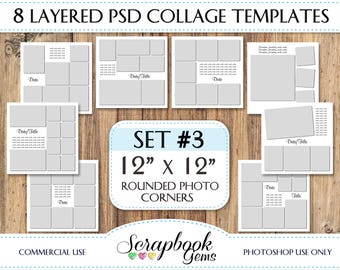 Rounded Corner Photo Templates SET 3, Eight 12" x 12" Pocket Digital Scrapbook Layered PSD Format collage photoshop digiscrap blogboard