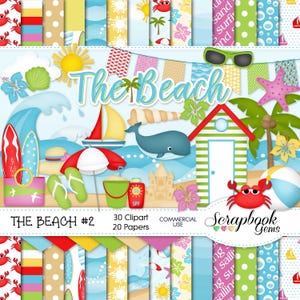 THE BEACH (Kit #2) Clipart & Papers, 30 png Clipart files, 20 jpeg Paper files, Instant Download surfboard crab sailboat sand castle beach