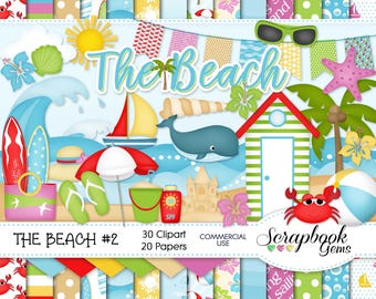 May include: A digital scrapbooking kit with a beach theme. The kit includes 30 clipart images and 20 patterned papers. The clipart includes images of a beach house, a whale, a sailboat, a crab, a starfish, a beach umbrella, a beach ball, a bucket and spade, and a sun. The patterned papers feature various beach-themed designs, such as seashells, waves, and palm trees.