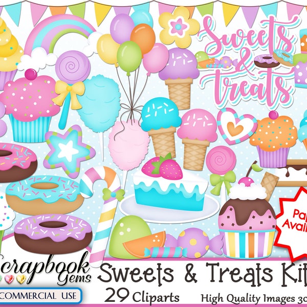 SWEETS & TREATS #1 Clipart, 29 png Clipart files, Instant Download, balloon, cupcake, cake, ice cream cone, doughnut, donut, candy, rainbow