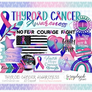 May include: A collection of digital scrapbook elements with a thyroid cancer awareness theme. The design features ribbons, hearts, and text like "Fight Cancer" and "Find the Cure" in shades of blue, pink, and teal. The words "Thyroid Cancer Awareness" are prominently displayed.