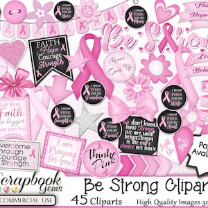 WORDEN sterke clipart, 45 PNG clipart-bestanden, Instant Download, borstkanker bewustzijn, roze lint, steun zinnen, kanker citaten, kettingen