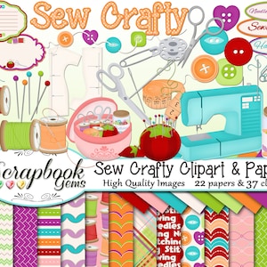 Puede incluir: Descarga digital de clipart y papeles Sew Crafty que incluye 22 papeles y 37 imágenes de clipart. El clipart incluye imágenes con temática de costura como carretes de hilo, botones, agujas, una máquina de coser y un dedal. Los papeles incluyen una variedad de patrones y colores.