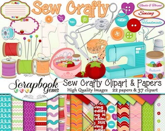 May include: Sew Crafty clipart and papers digital download includes 22 papers and 37 clipart images. The clipart includes sewing themed images such as spools of thread, buttons, needles, a sewing machine, and a thimble. The papers include a variety of patterns and colors.