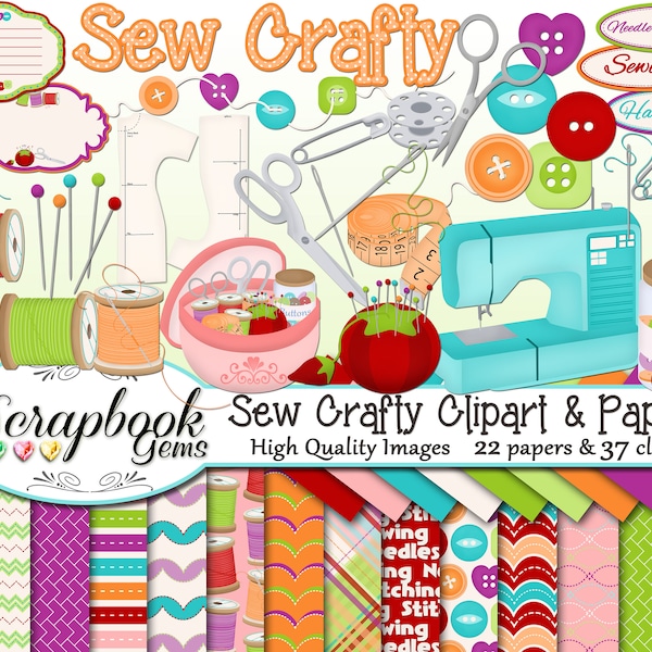 SEW CRAFTY Clipart and Papers Kit, 37 png Clip arts, 22 jpeg Papers Instant Download sewing machine stitching thread needle button thimble