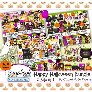 HAPPY HALLOWEEN BUNDLE - 3 Kits in 1, 87 Cliparts & 60 Papers, Instant Download, pumpkin, witch, cauldron, haunted house, spider web, bat