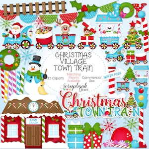 CHRISTMAS TOWN ZUG Clipart, 35 Png Clipart Dateien, Instant Download, Winter, Zug, Weihnachtsmann, Schneemann, Schneeflocke, Geschenke, Eisenbahn
