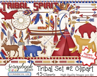 TRIBAL SET #2 Clipart, 45 png Clipart files Instant Download indian tribal aztec teepee feathers buffalo tomahawk coyote bow arrow native