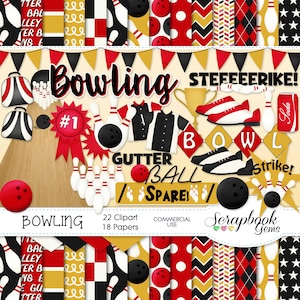 May include: A digital scrapbook kit with 22 clipart images and 18 patterned papers featuring bowling-themed designs. The kit includes bowling pins, bowling balls, a bowling trophy, a bowling shoe, and a soda can with the word "Soda" on it. The text "Bowling STEFFEEERIKE!" is at the top of the image. The text "GUTTER BALL SPARE!" is in the center of the image. The text "Scrapbook Gems" is at the bottom of the image.