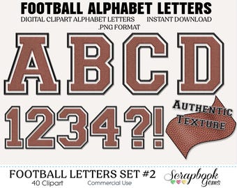 Sports Football Letters & Numbers Clipart, 40 High Quality PNG files, Instant Download Digital Clip Art