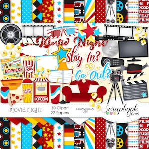 MOVIE NIGHT Clipart and Papers Kit, 30 png Clip arts, 22 jpeg Papers Instant Download dvd cinema couch camera video popcorn candy stars soda