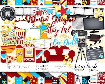 MOVIE NIGHT Clipart and Papers Kit, 30 png Clip arts, 22 jpeg Papers Instant Download dvd cinema couch camera video popcorn candy stars soda